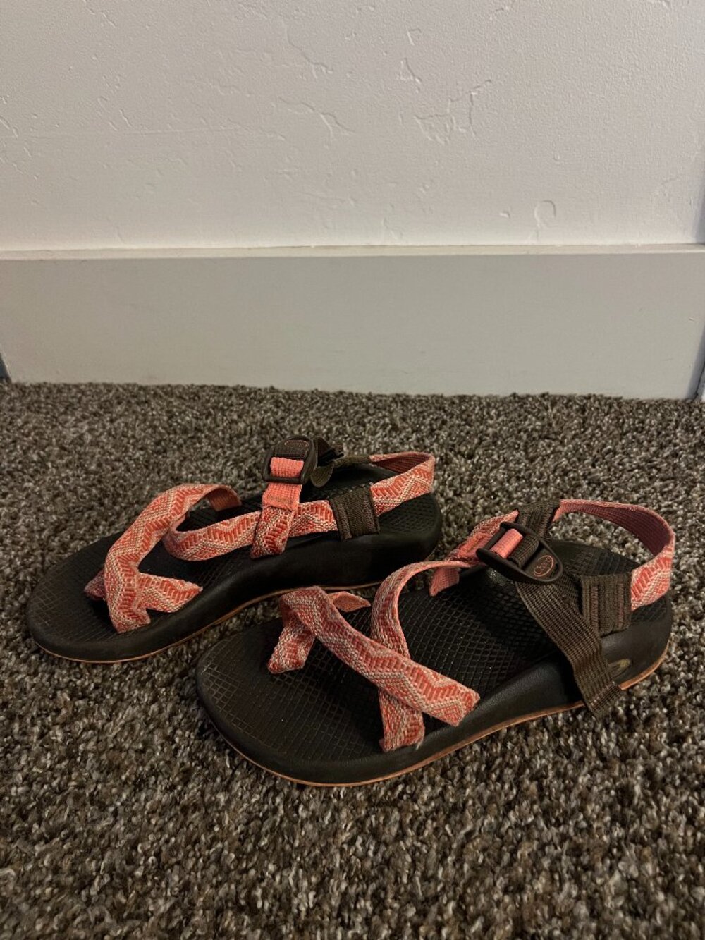 Chaco's - pink & orange pattern straps - brown sole -fit like Women's size 8-8.5